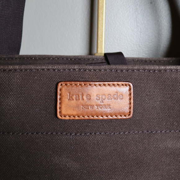 Kate Spade Large Brown Canvas Tote Diaper Bag Butterfly Green Lining Y2K Vintage - Picture 3 of 11
